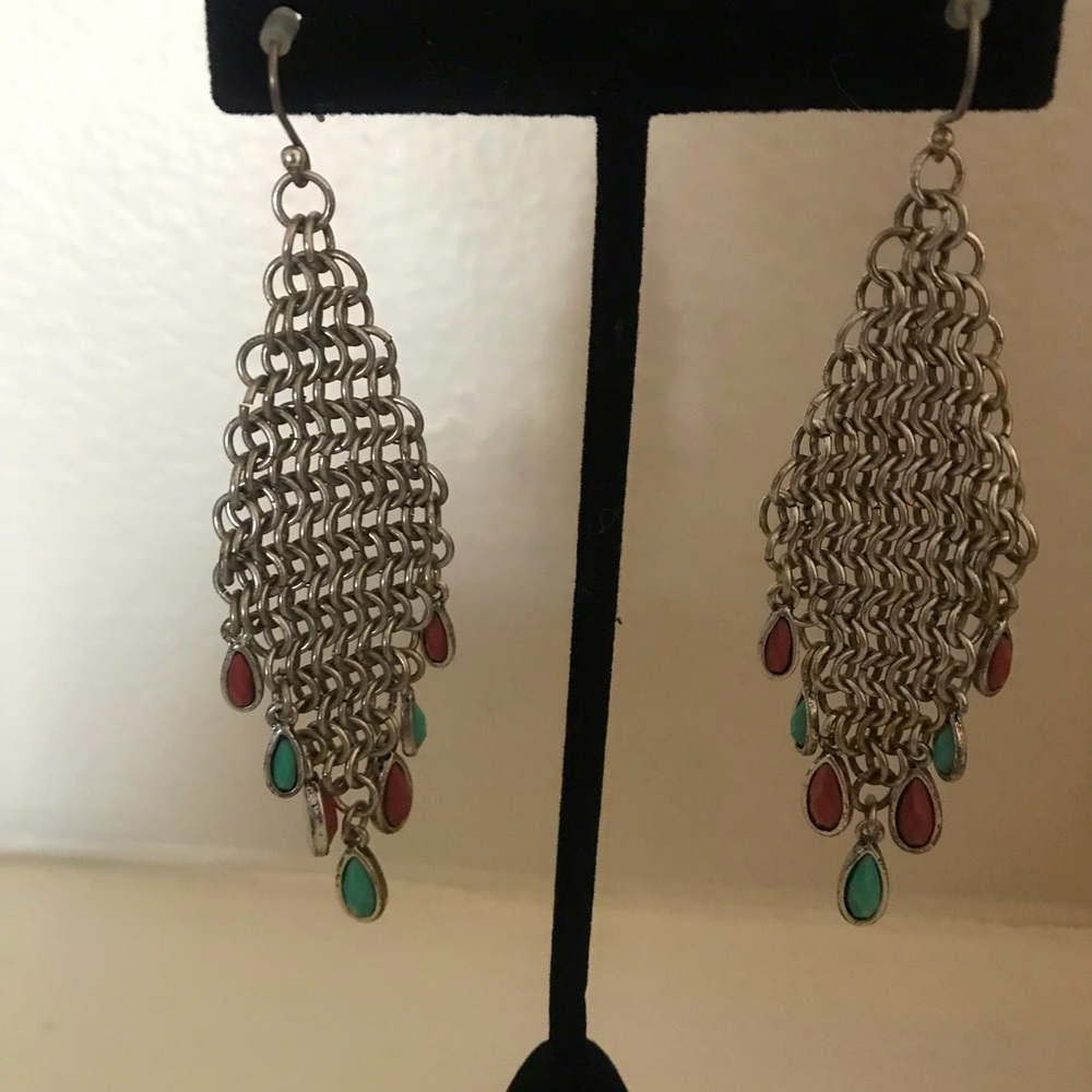 Lucky Brand Silver Earrings with Chainmail Design and Colorful Accents